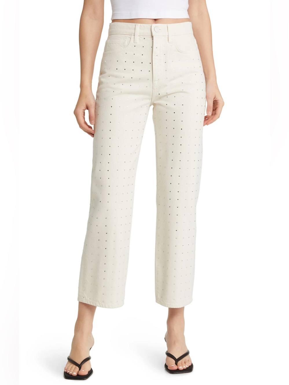 Frame Denim Le Jane Ivory Cropped Straight Jeans with Stud Accents